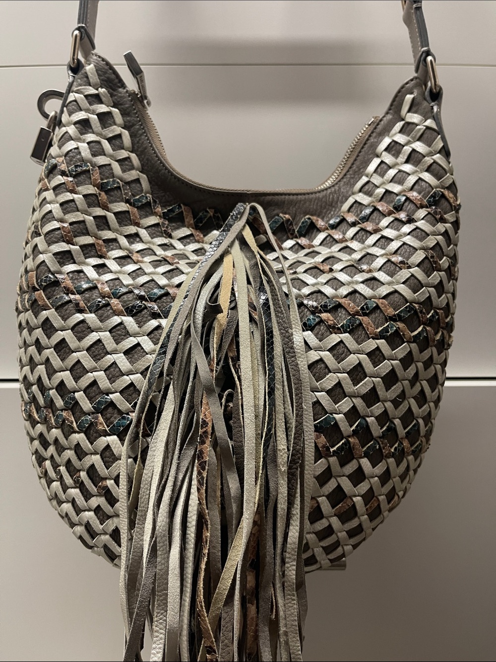 Marc Jacobs Woven Leather Fringe Crossbody Bag - Gray, Brown, Blue